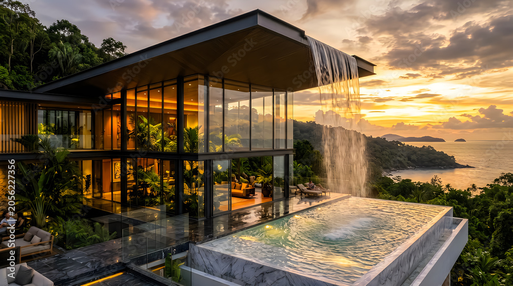Fototapeta premium Modern luxury villa with infinity pool overlooking the ocean at sunset