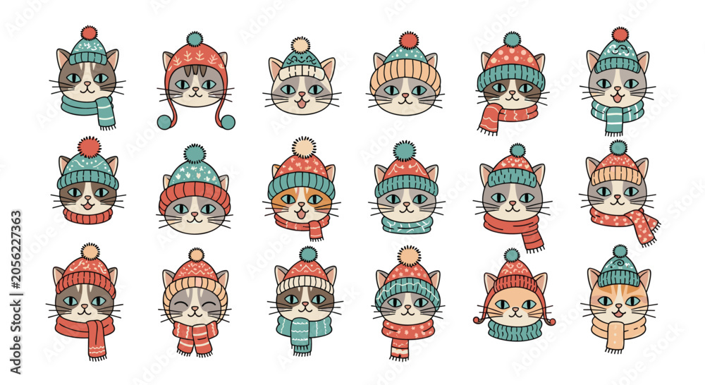 Fototapeta premium Set of fifteen adorable cat characters each wearing a unique colorful winter knitted hat and matching scarf for cold weather.