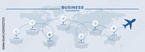Obraz na plátně Modern travel infographic template with six connected journey steps, airplane ro