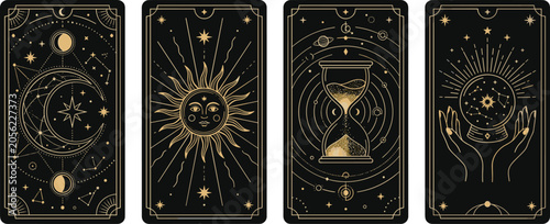 Bild auf Leinwand Mystical Tarot Card Vector Set with Gold Celestial Sun Moon Hourglass and Crysta