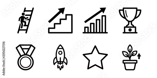 Foto Set of eight minimalist black outline icons representing growth achievement and