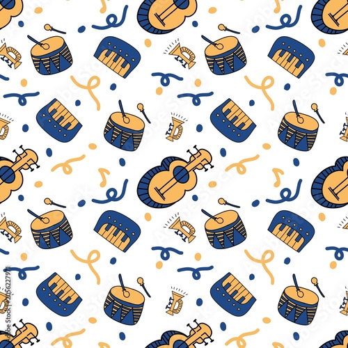 Blue and Gold Musical Toy Kids Seamless Pattern