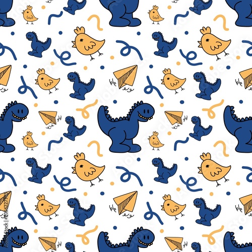 Blue Gold Dinosaur and Chick Kids Seamless