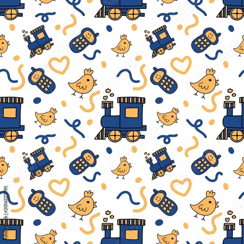 Blue Gold Train and Chick Kids Seamless Pattern