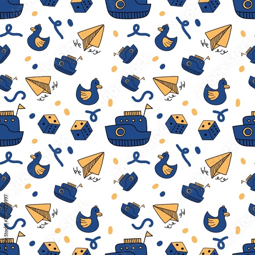 Cute Blue and Gold Kids Toy Seamless Pattern