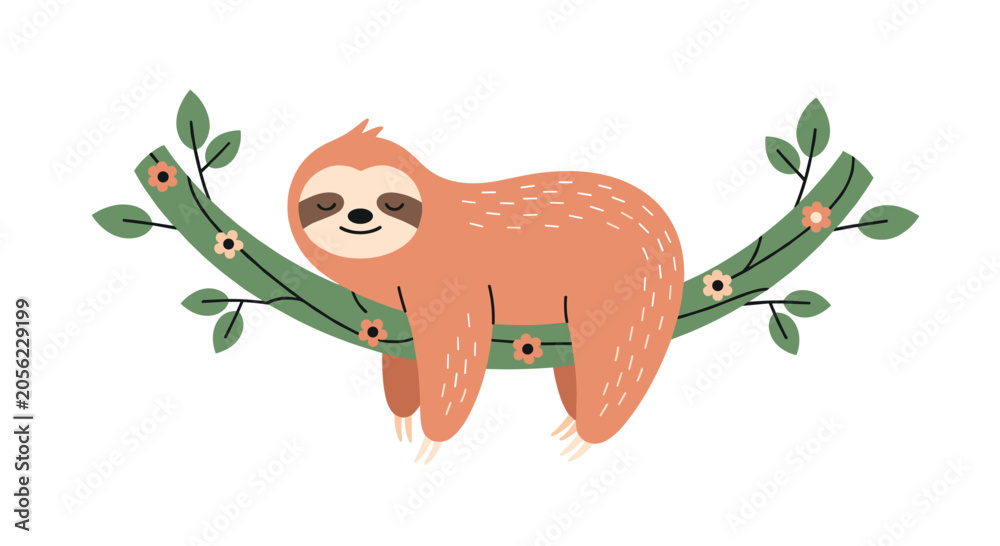 Obraz premium Adorable cartoon sloth sleeps peacefully while hanging from a flowering green tree branch in a whimsical nature illustration.