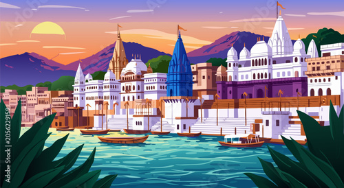 Bild auf Leinwand Varanasi Ghats Scenic View Vector Illustration of Holy River Banks at Sunset for