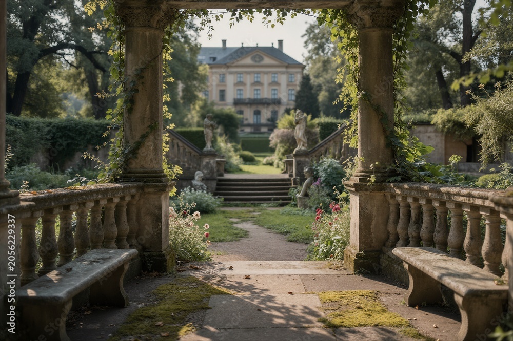 Fototapeta premium A stone archway with ivy-covered columns leads to a classical-style mansion in a serene formal garden setting.