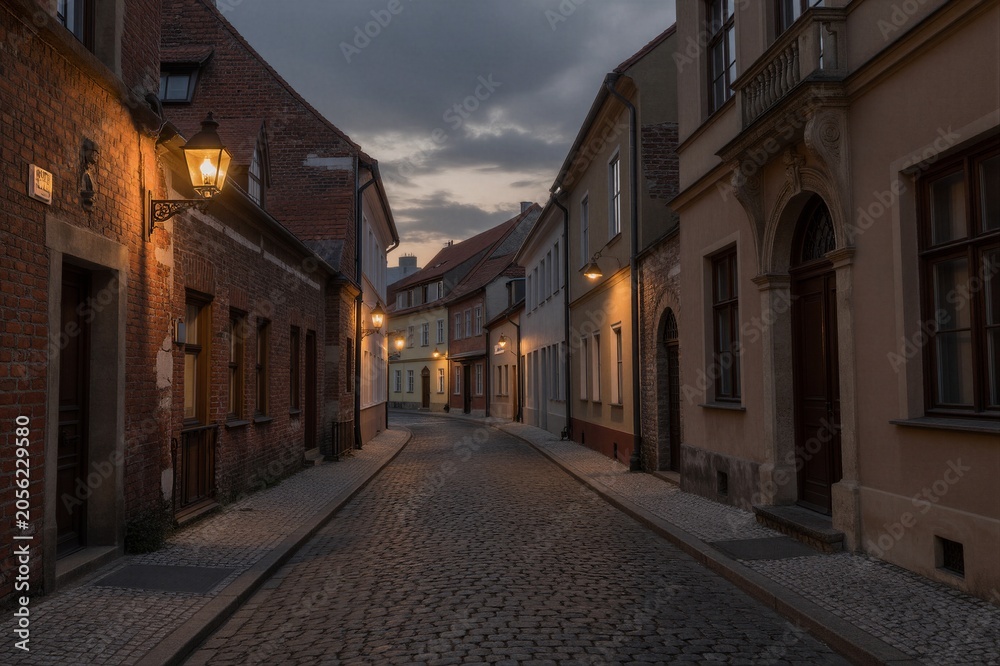 Fototapeta premium A cobblestone alleyway in a historic district comes alive at dusk, with warm street lamps and red brick buildings.