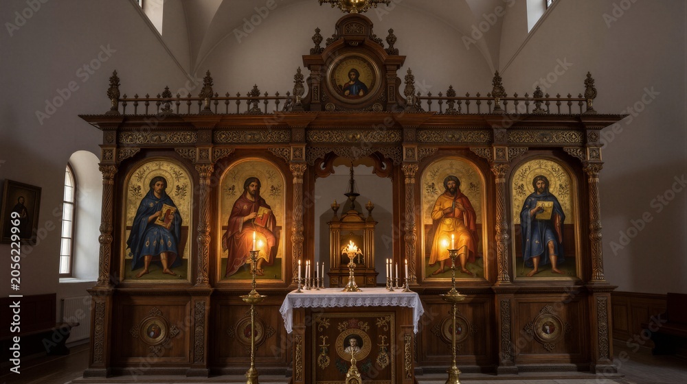 Fototapeta premium Ornate wooden altar with four Evangelist icons in a dimly lit church interior, featuring intricate carvings and gilded details.