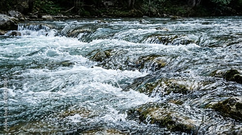 Rushing Mountain Stream Flowing Over Mossy Rocks with White Water