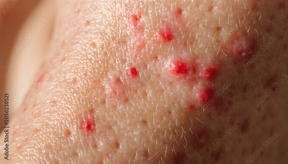 Fototapeta premium Red Acne Spots Macro Skin Texture, Ultra Realistic Human Skin Close Up, Acne Scars and Pimple Marks Detail, Dermatology Skincare Background, Facial Imperfections, Enlarged Pores, Medical Skin Conditio