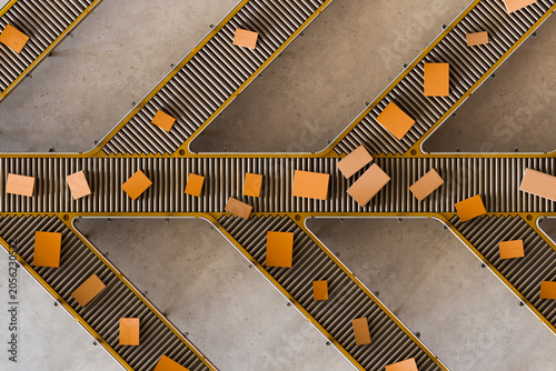 3D parcel conveyor network crossing an industrial sorting floor.