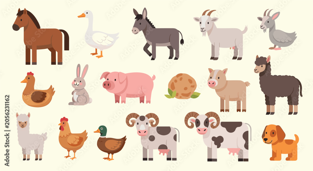 Fototapeta premium Large collection of cute cartoon farm animal icons including horse, pig, goat, chicken, and sheep for educational materials.