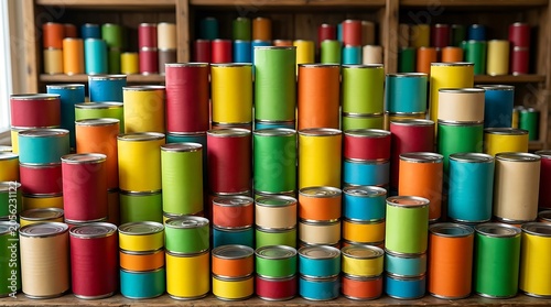 Stacked Multi-Colored Canned Goods on Wooden Shelves