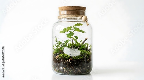 Young oak tree and white feather in a glass terrarium jar