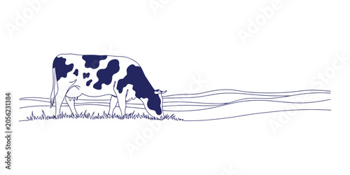 An elegant line art representation of a cow adorned with large spots, peacefully munching on grass in a spacious field, set on a white backdrop.
