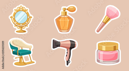 Elegant vector graphic set featuring essential beauty salon equipment including a vintage vanity mirror perfume bottle and professional makeup brush