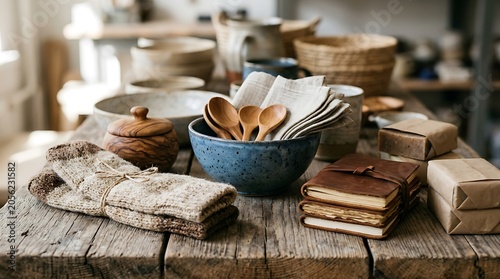 Handcrafted artisan goods and rustic ceramics on a wooden table