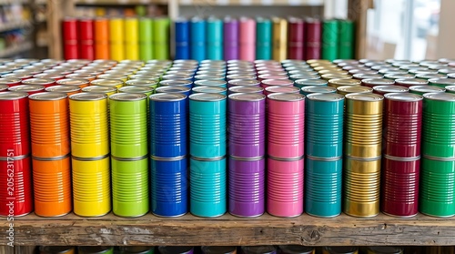 Colorful metal tin cans stacked neatly on wooden shelves in a store
