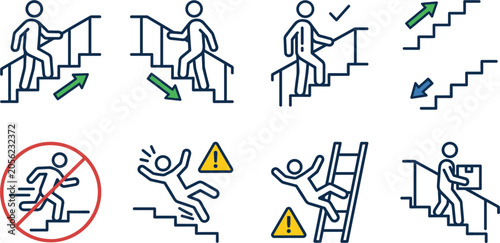 Stair Safety and Accessibility Icon Set Featuring Safe Stair Use, Fall Prevention, Directional Guidance, Workplace Safety, and Mobility Symbols