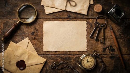 Vintage Stationery and Mystery Items on Wooden Desk
