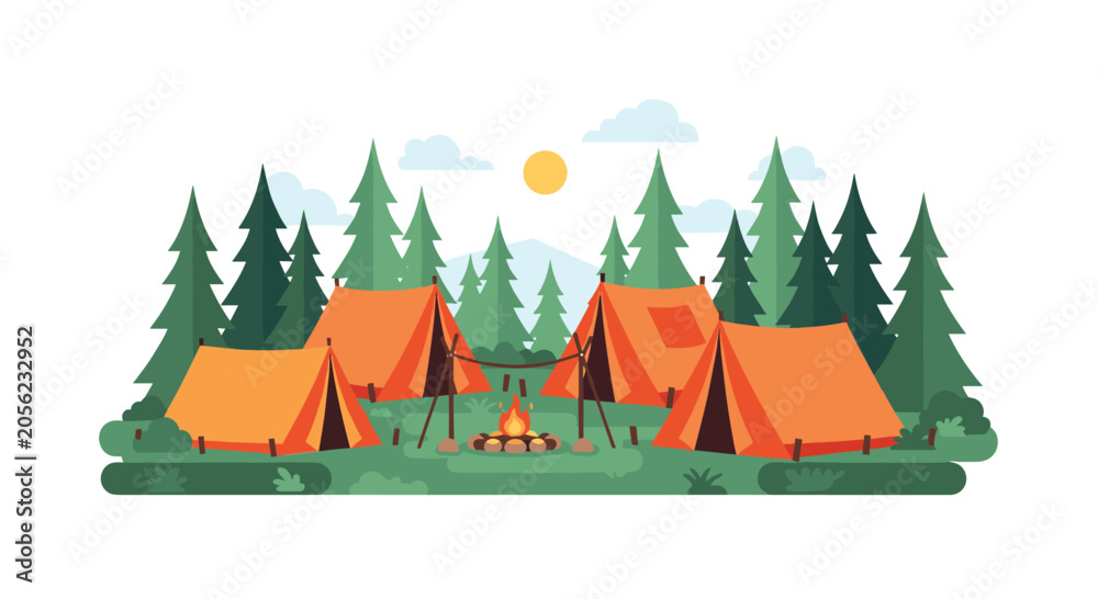 Obraz premium Flat vector illustration of a summer campsite in a green forest with orange tents a campfire and pine trees.