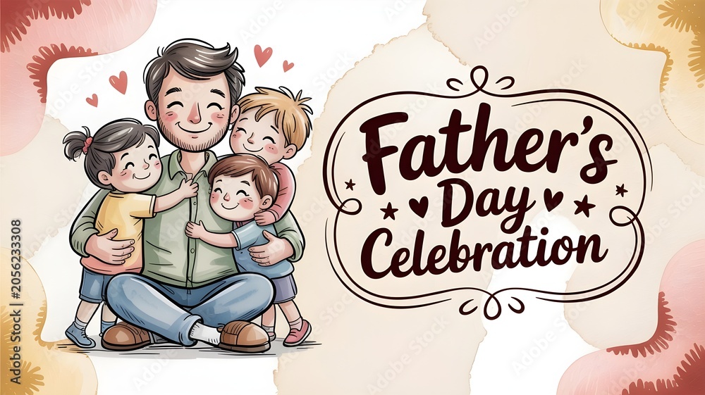 Fototapeta premium Happy fathers day illustration with a father hugging his three children, warm and loving family scene for greeting cards and social media posts