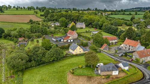Aerial view of Gouvets village in rural Normandy, France
