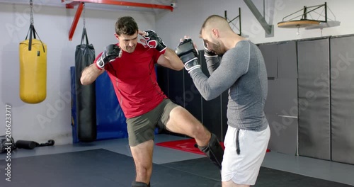 Diverse training partners, red-shirted starting front kicks and gray blocking with gloves