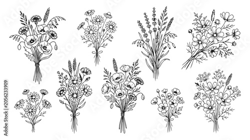 Delicate hand-drawn vector illustrations of various wildflower bouquets and floral arrangements on transparent background