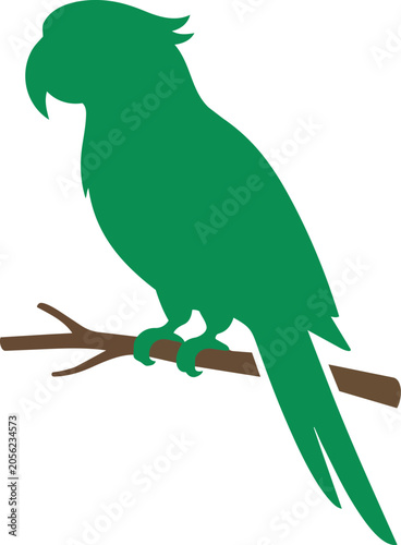 Cute green cartoon parrot sitting on a branch isolated on a white background