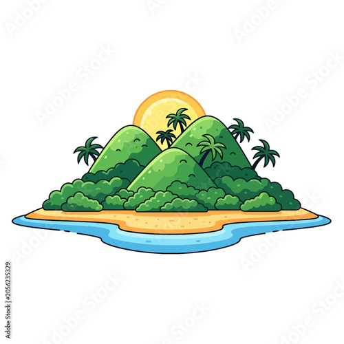 A vibrant illustration of a tropical island with green hills and palm trees