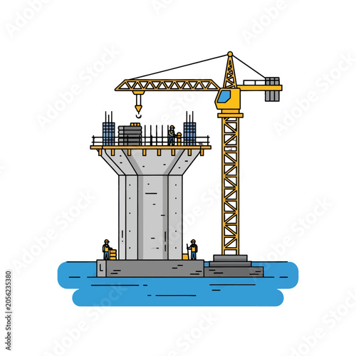 A yellow construction crane works on a concrete bridge pillar in the water