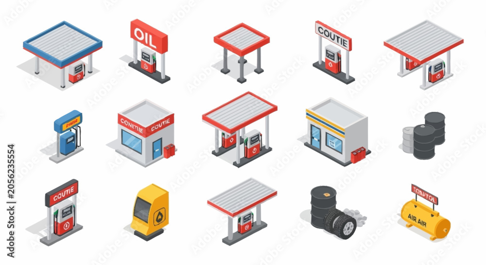 Fototapeta premium Collection of isometric gas station icons and elements, including pumps, signs, and barrels.