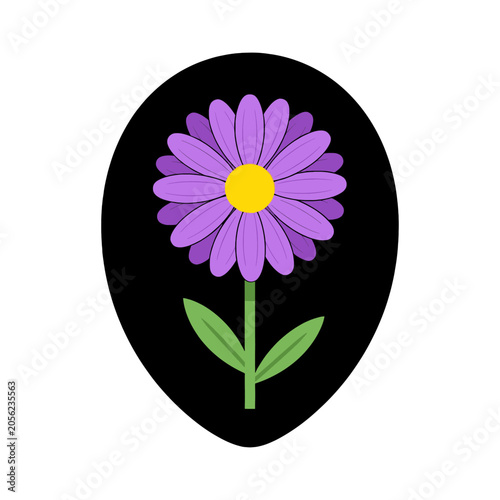 A vibrant purple flower centered on a solid black oval background