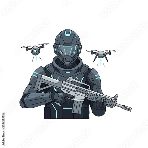 A futuristic soldier in tactical armor holds a rifle with two flying drones
