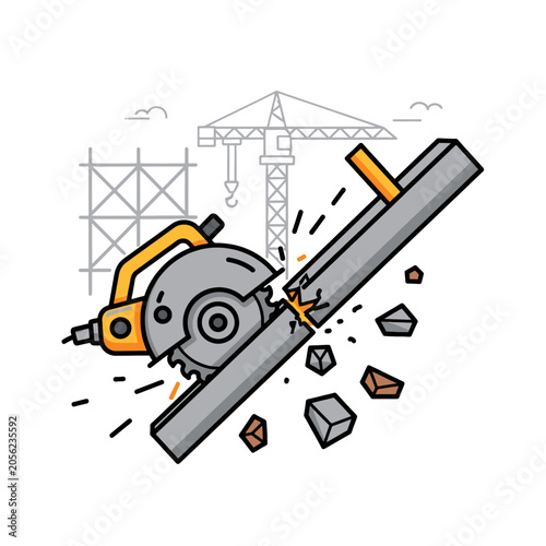 A circular saw cutting through a metal beam at a construction site