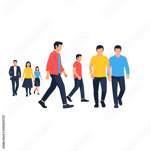 A diverse group of people walking together in a flat vector illustration style