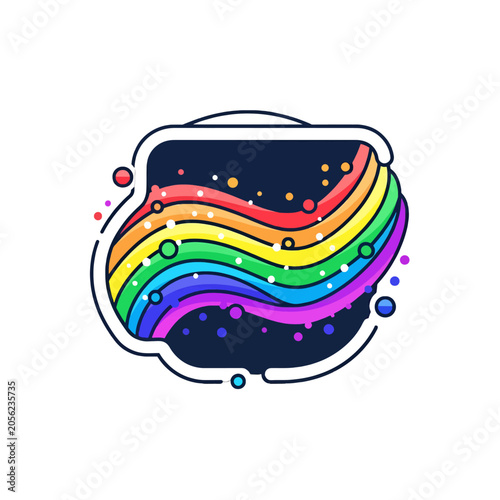 A vibrant abstract illustration featuring colorful flowing waves and floating dots