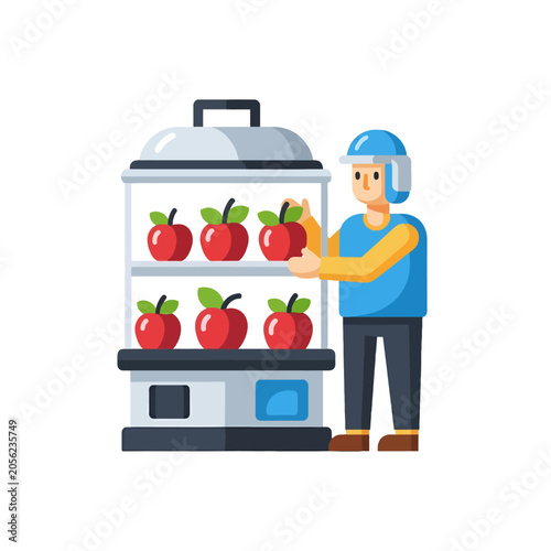 A worker organizes fresh red fruit on a display shelf in a store