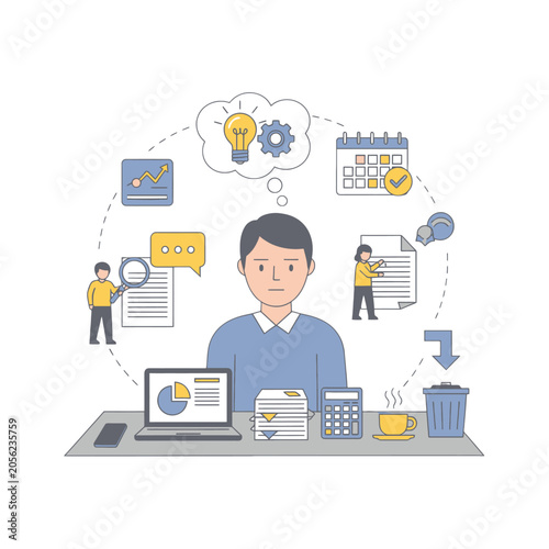 A professional man working at a desk with various business productivity icons
