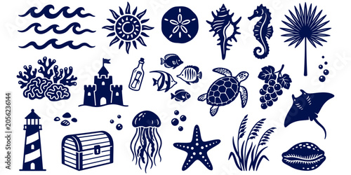 Photography Set of dark blue nautical and marine beach illustrations featuring ocean animals