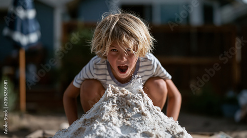 Ten-year-old crouched over a baking soda volcano experiment in the backyard, mouth open mid-eruption reaction, childhood curiosity science moment, September afternoon home