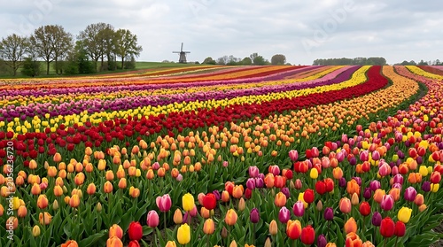 Colorful tulip fields and traditional Dutch windmill in spring