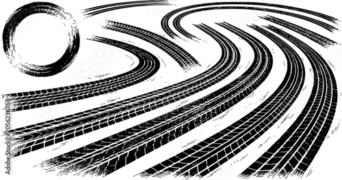 Tire tracks after skidding, launch, drift, powerslide in motorsport, rally, off-road, motocross. Wheel texture with splash effect. Vector, transparent EPS version.