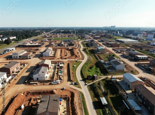 Aerial view of new house construction site. Homes are being built on undeveloped land with earthworks. Urban expansion and suburban growth are evident as new roads are laid.
