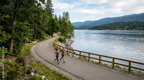 Couple Running on a Scenic Lakeside Trail with Mountain View