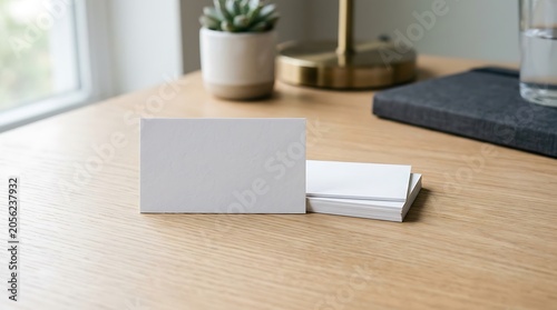 Blank business card mockup on a minimalist wooden office desk