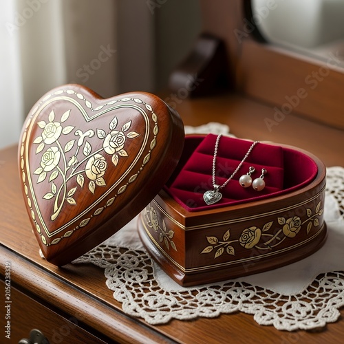 Heart shaped wooden jewelry box with silver necklace and pearl earrings